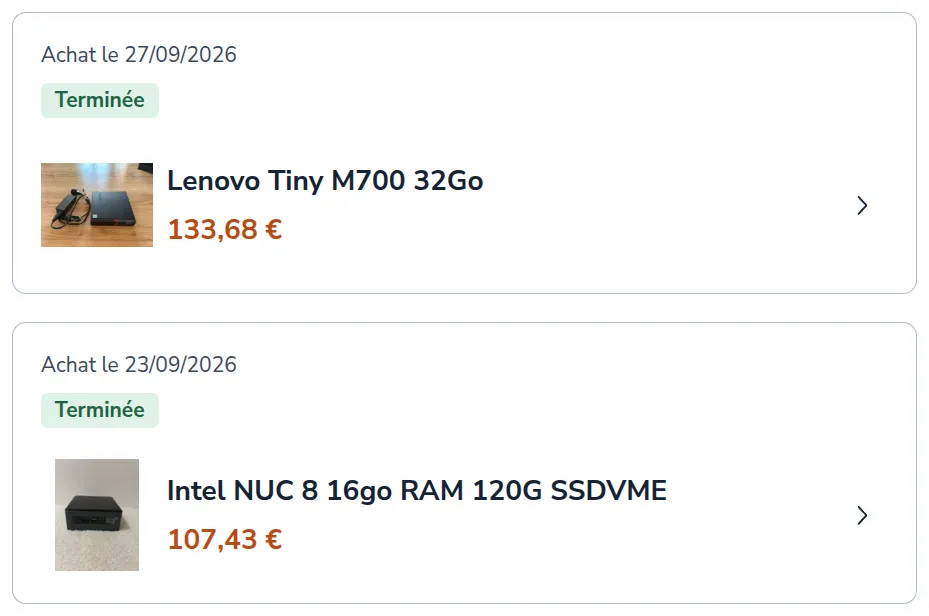 My orders: a Lenovo ThinkCentre M700 Tiny for €133.68 and an Intel NUC 8 for €107.43