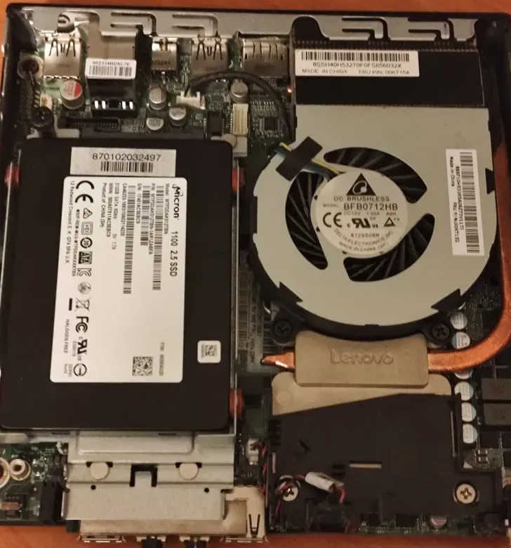 Inside the M700 Tiny: a Micron 512 GB 2.5” SATA SSD over the motherboard